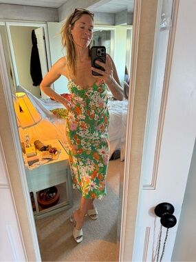 Aqua Green Floral Slip Midi Dress with Orange and White Blooms